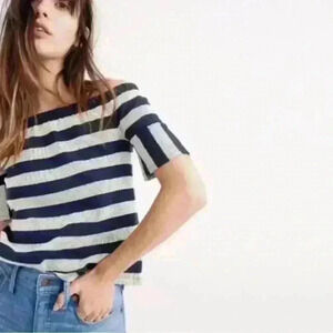 Madewell Off The Shoulder Short Sleeve Blue and Grey Stripe Ribbed Top Size XS